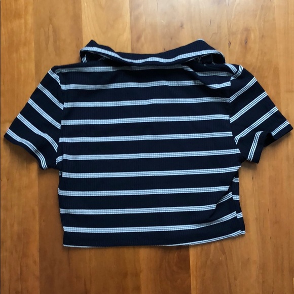 Navy Blue and White Striped Cropped Shirt - Picture 3 of 3